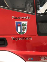 Logo der Gemeinde Tegernheim mit Schriftzug &quot;Feuerwehr Tegernheim&quot; auf der Beifahrert&uuml;re